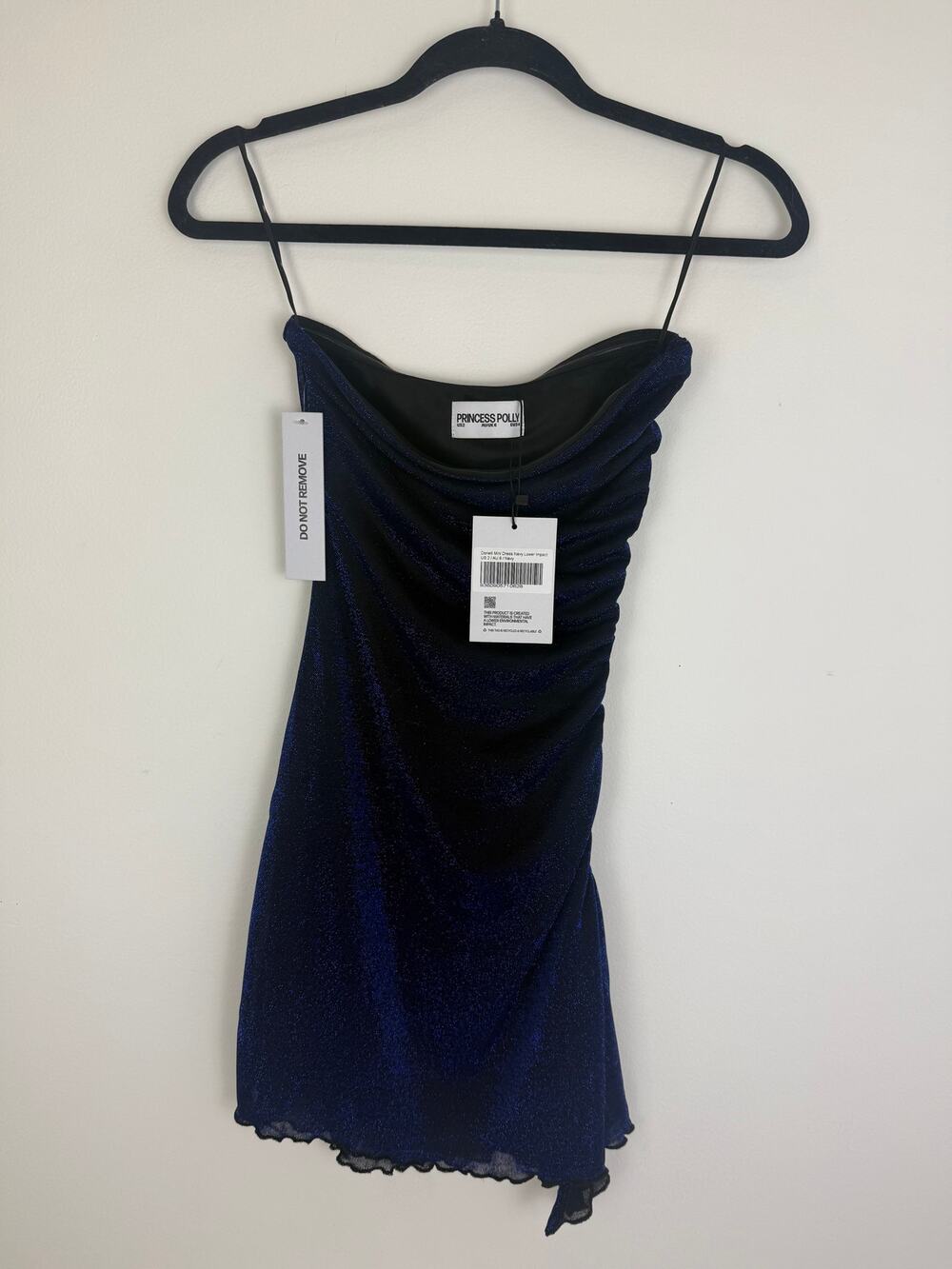 NWT Princess Polly Womens Strapless Metallic Cowl Shimmer Mini Dress Navy US 2